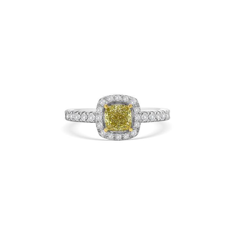 Fancy Yellow Cushion and Diamond Halo Ring