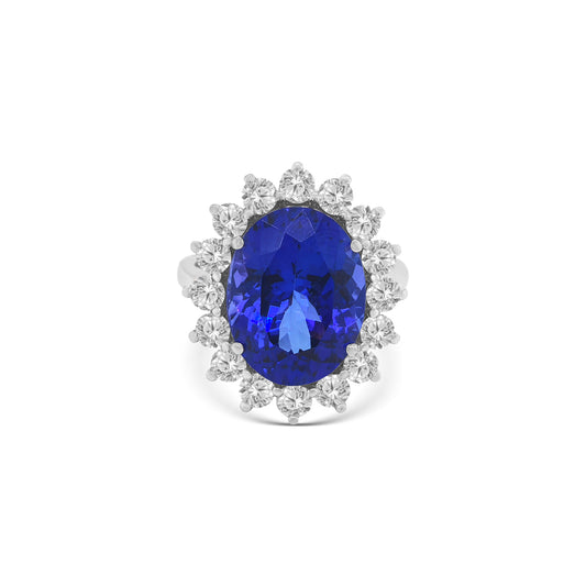 Oval Cut Tanzanite Floral Diamond Halo Ring