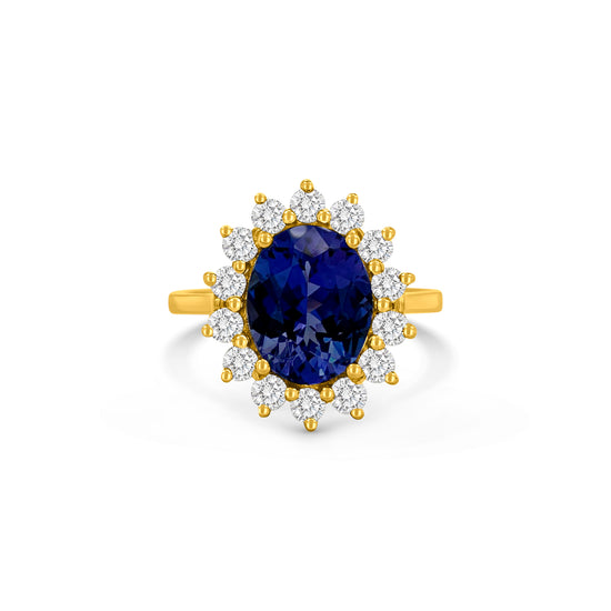 Oval Solitaire Tanzanite Floral Diamond Halo Ring, Oval Tanzanite Solitaire Ring, Floral Diamond Halo Tanzanite Ring, Luxury Tanzanite Diamond Ring, Oval Cut Tanzanite Engagement Ring, Fine Jewelry Tanzanite Ring, Elegant Oval Tanzanite Diamond Ring, Tanzanite Floral Design Halo Ring