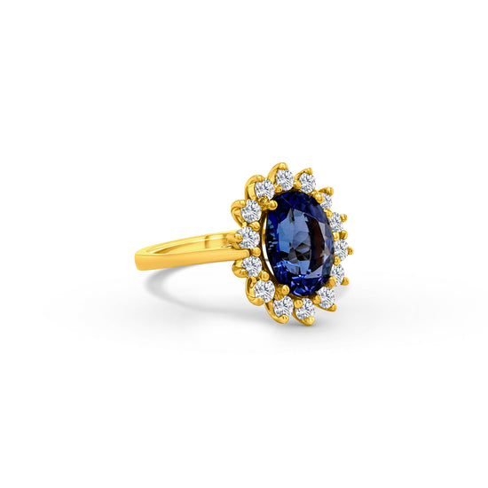 Oval Solitaire Tanzanite Floral Diamond Halo Ring, Oval Tanzanite Solitaire Ring, Floral Diamond Halo Tanzanite Ring, Luxury Tanzanite Diamond Ring, Oval Cut Tanzanite Engagement Ring, Fine Jewelry Tanzanite Ring, Elegant Oval Tanzanite Diamond Ring, Tanzanite Floral Design Halo Ring