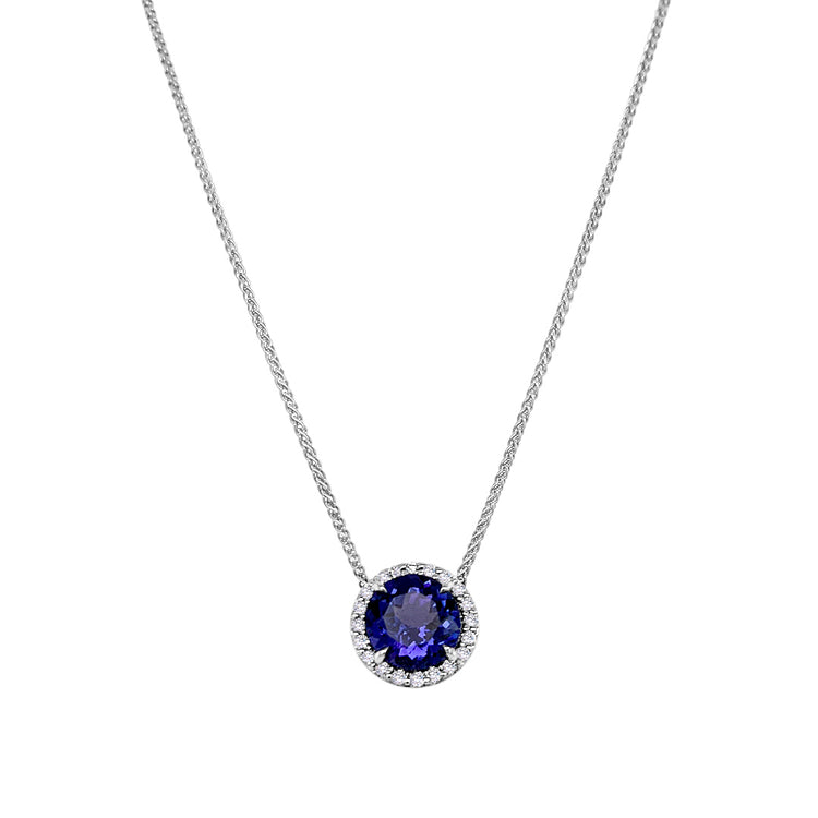Round Cut Tanzanite & Diamond Halo Pendant