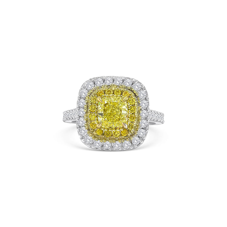 Fancy Yellow Cushion and Double Halo Diamond Ring