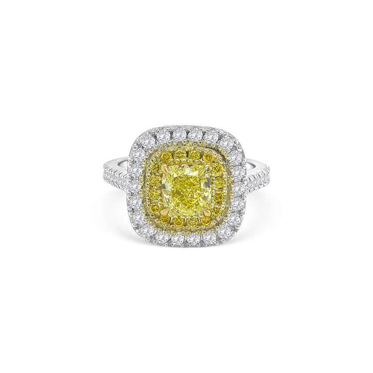 Fancy Yellow Cushion and Double Halo Diamond Ring