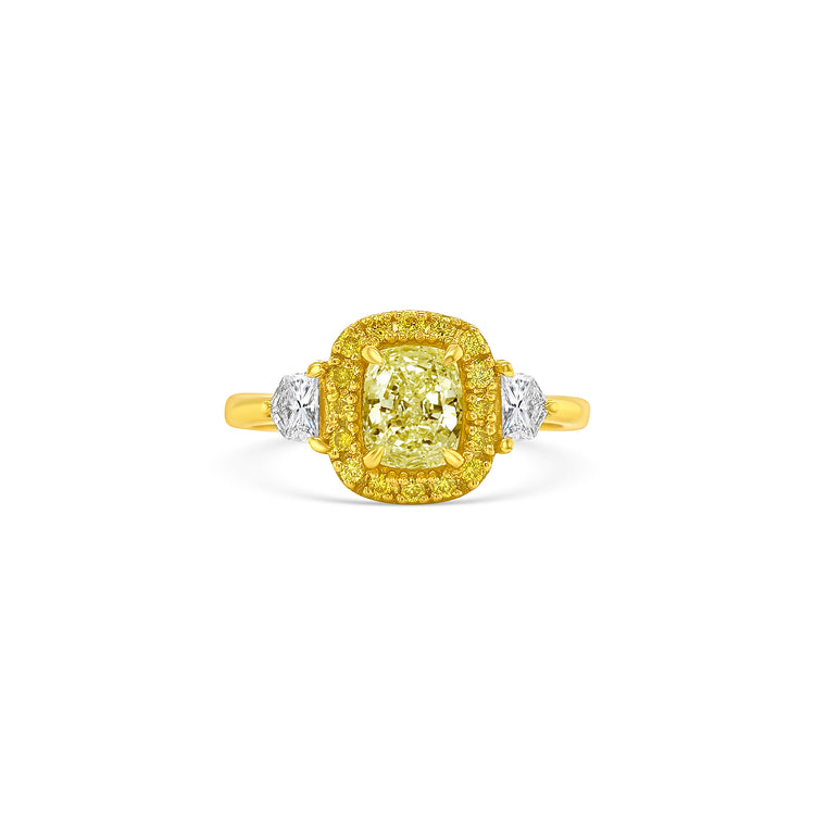 Halo Fancy Yellow Cushion and Cadillac Diamond Trilogy Ring