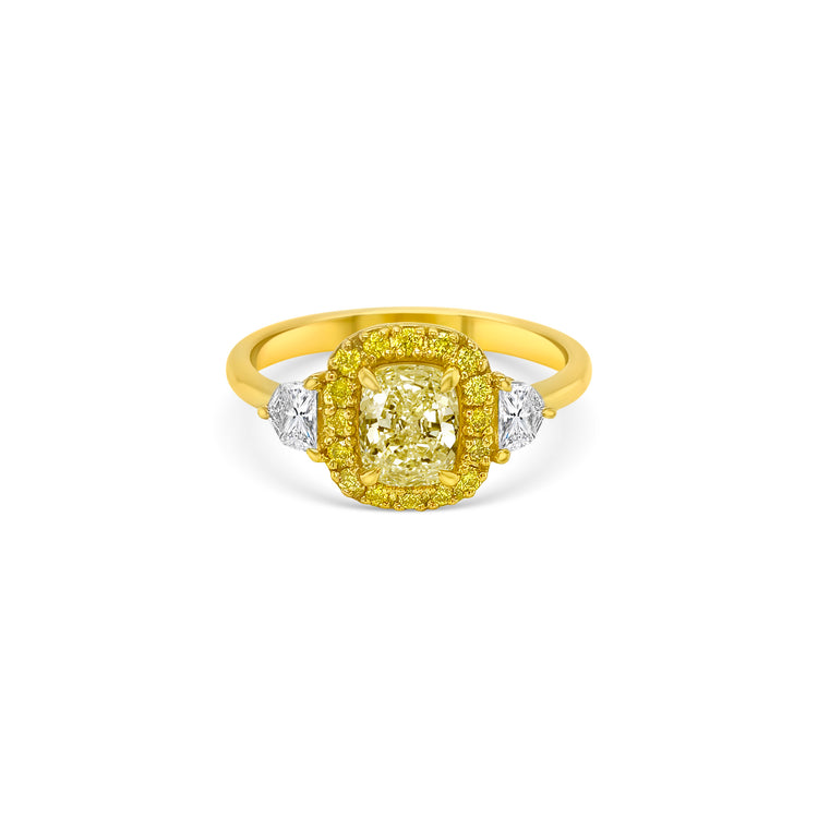 Halo Fancy Yellow Cushion and Cadillac Diamond Trilogy Ring