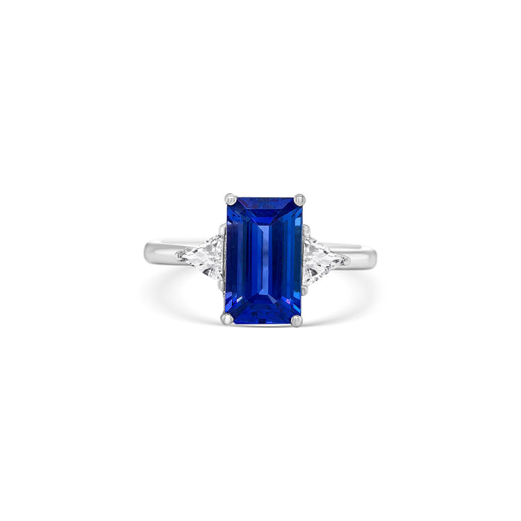 Emerald Cut Tanzanite & Trillion Diamond Ring