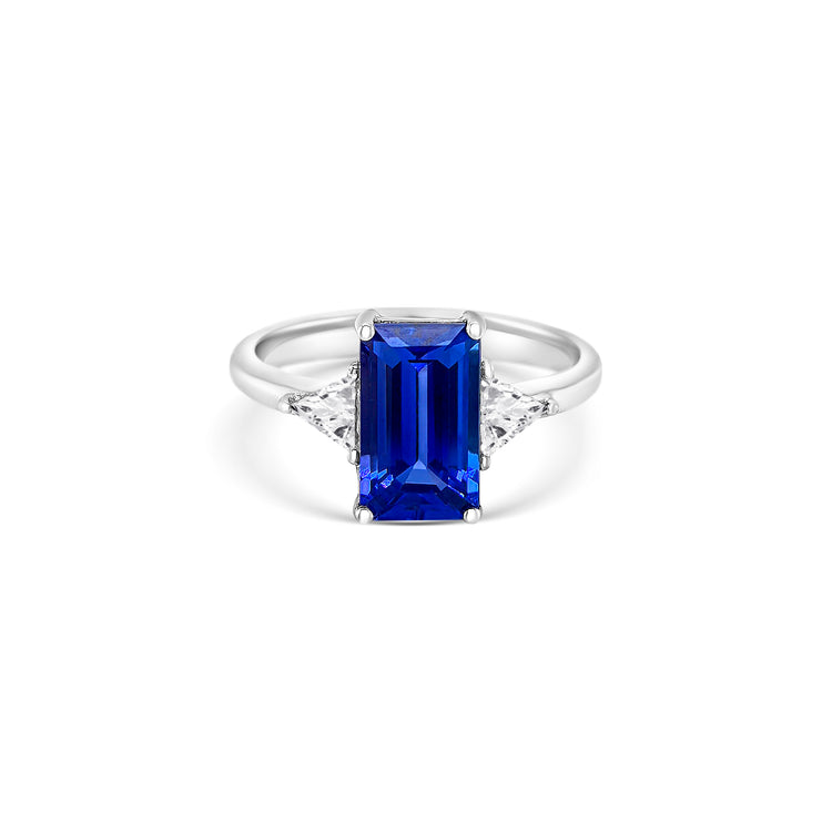 Emerald Cut Tanzanite & Trillion Diamond Ring