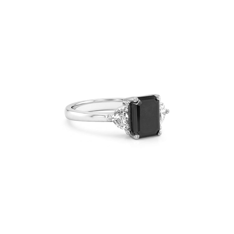 Emerald Cut Three Stone Black Diamond Ring