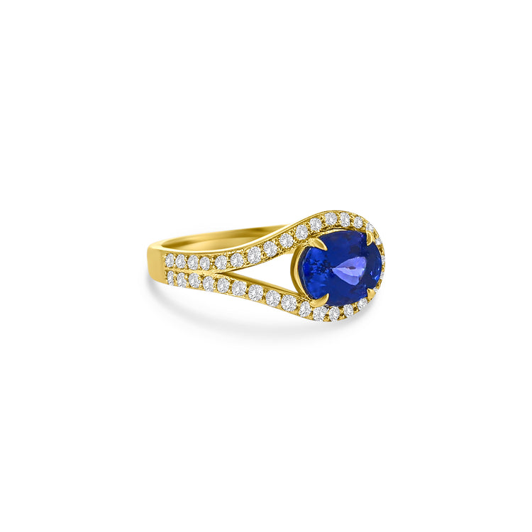 Oval Cut Tanzanite Split Shank Halo Diamond Ring