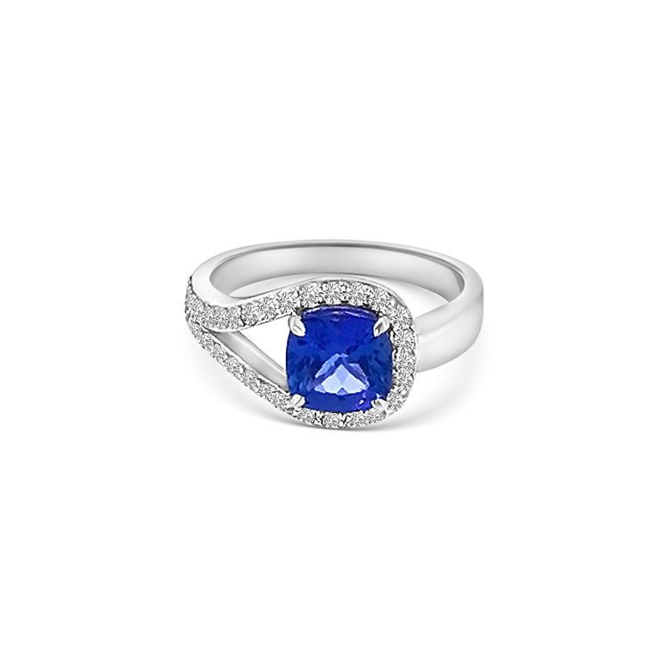 Cushion Cut Tanzanite Split Shank Halo Diamond Ring