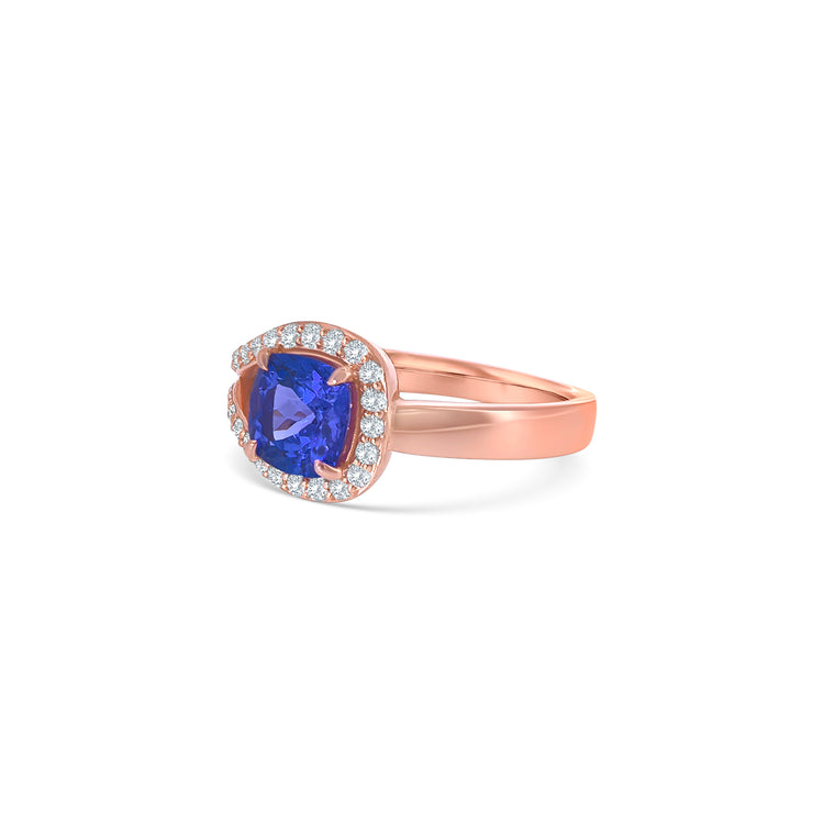 Cushion Cut Tanzanite Halo Diamond Ring