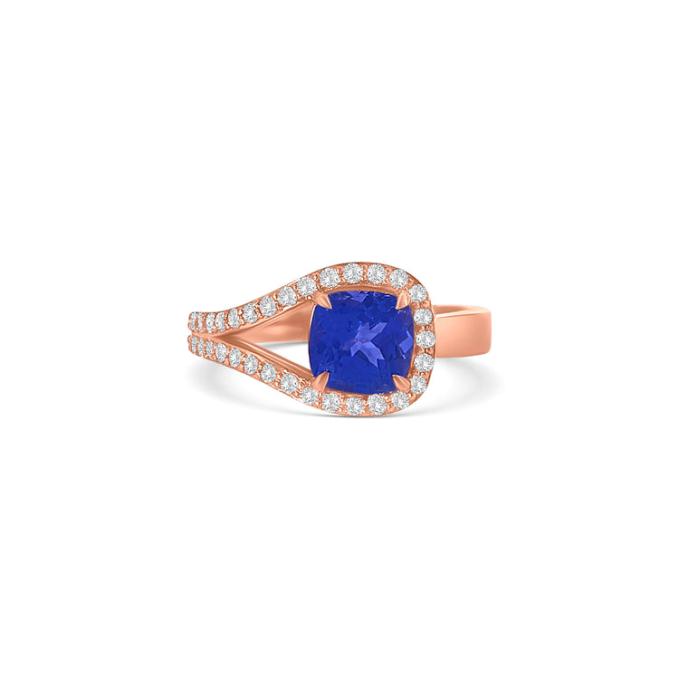 Cushion Cut Tanzanite Split Shank Halo Diamond Ring