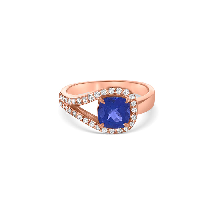 Cushion Cut Tanzanite Split Shank Halo Diamond Ring
