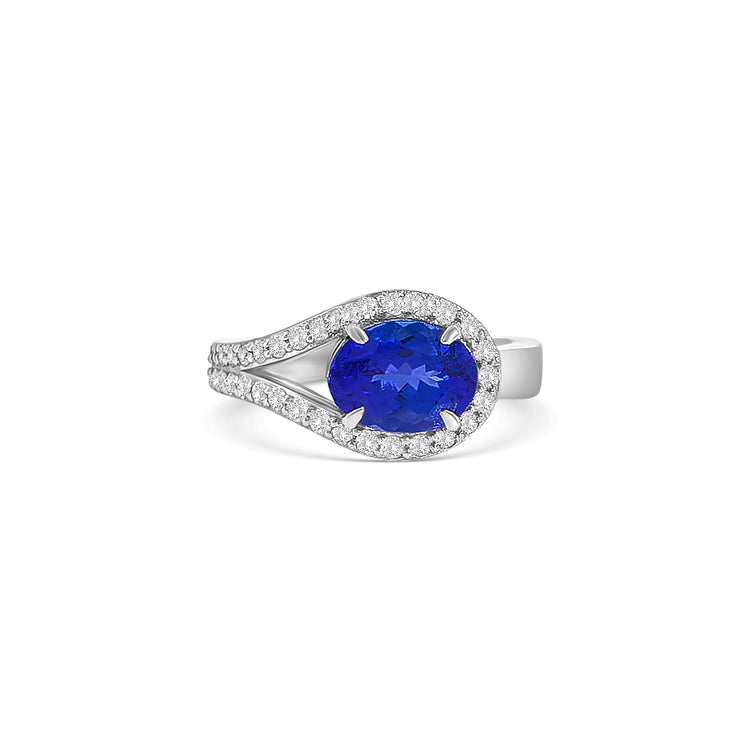 Oval Cut Tanzanite Split Shank Halo Diamond Ring