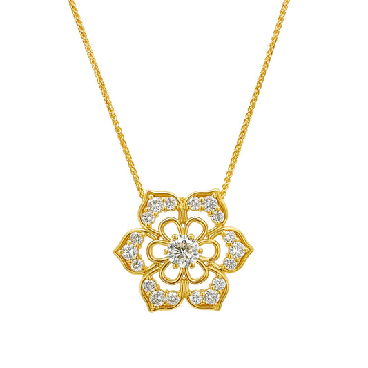 Round brilliant pendant," "Floral shaped pendant," "Diamond necklace," "Floral diamond pendant," "Luxury jewelry," "Fine diamond jewelry," "Sparkling pendant," "Elegant accessory," "Statement piece," "Gift of elegance," "Jewelry for special occasions."