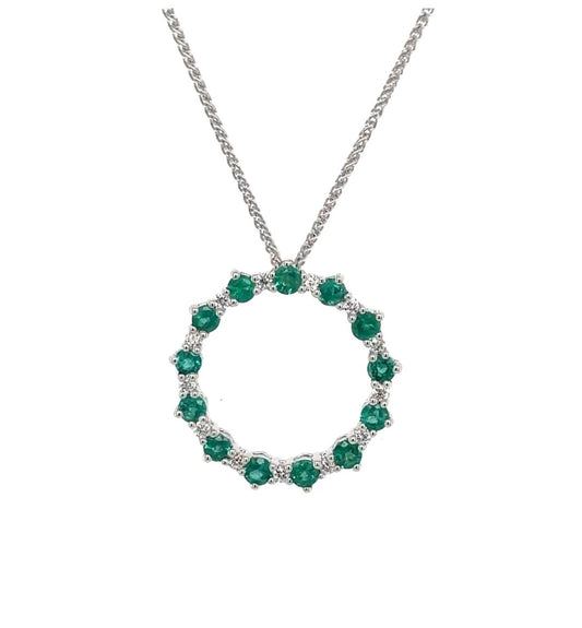 Circle Pendant with Emerald and Diamonds, Gold Circle Pendant with Emerald and Diamond, Elegant Emerald and Diamond Necklace, Fine Jewelry Emerald & Diamond Circle Pendant, Birthstone Circle of Life Pendant, Emerald Pendant with Diamonds, Circle Pendant in Gold with Emerald and Diamond, Emerald and Diamond Jewelry Circle.
