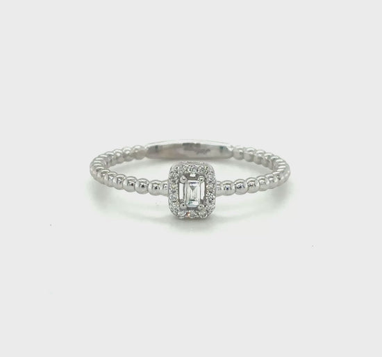 baguette and round brilliant halo ring, petite halo diamond ring, illusion set diamond ring, beaded band diamond ring, dainty diamond ring, modern engagement ring, minimal diamond jewellery