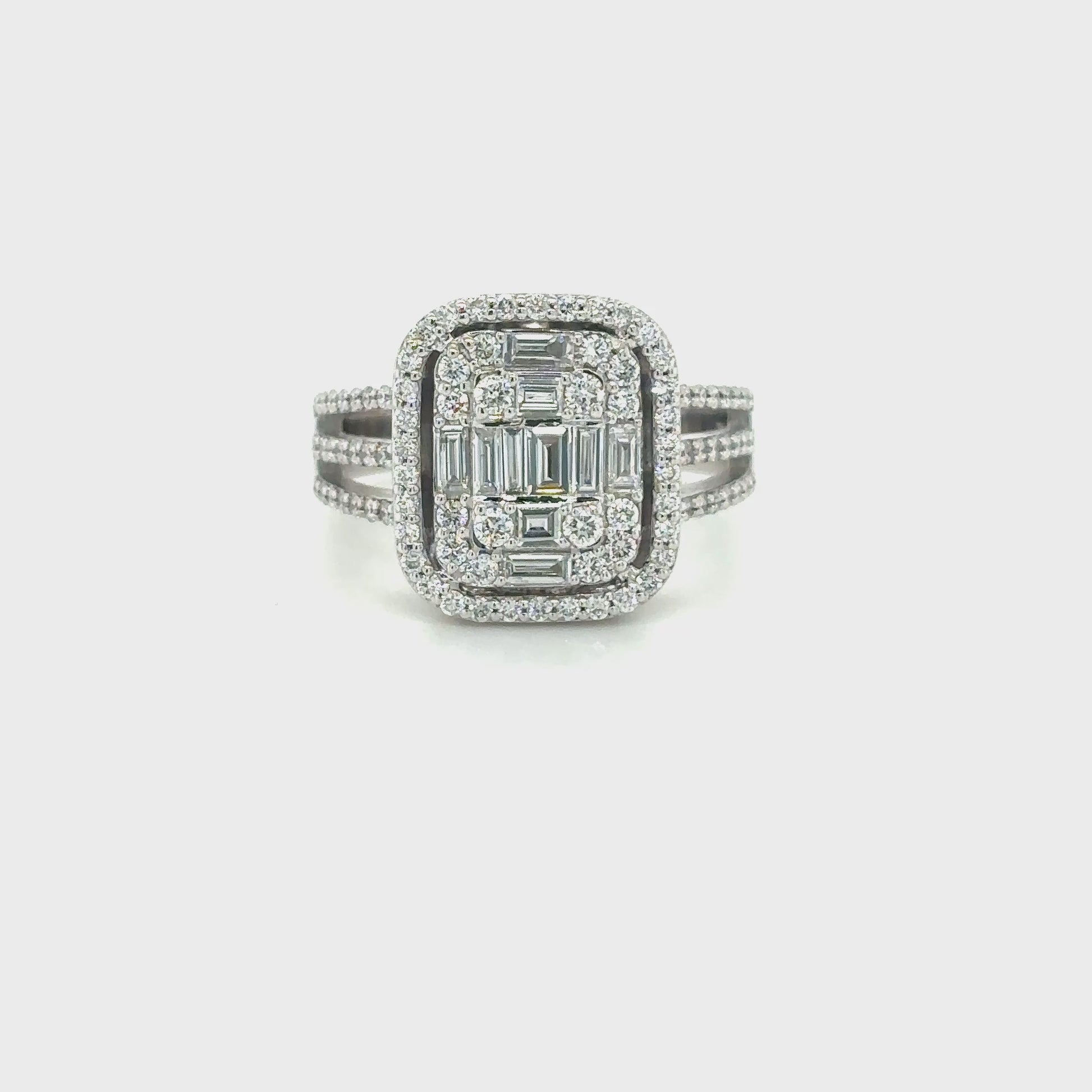 baguette and round brilliant diamond ring, illusion diamond ring, double halo diamond ring, triple band diamond ring, statement cocktail ring, illusion set engagement ring, luxury diamond ring