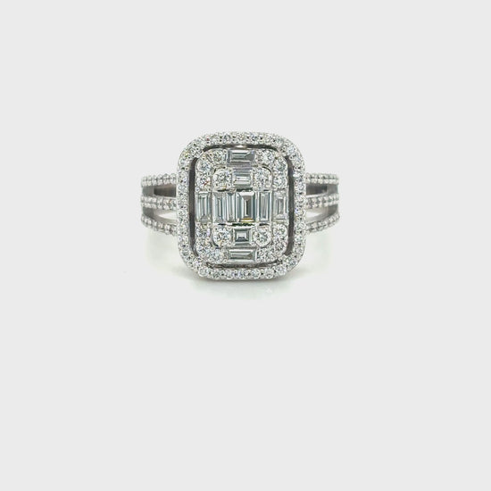 baguette and round brilliant diamond ring, illusion diamond ring, double halo diamond ring, triple band diamond ring, statement cocktail ring, illusion set engagement ring, luxury diamond ring
