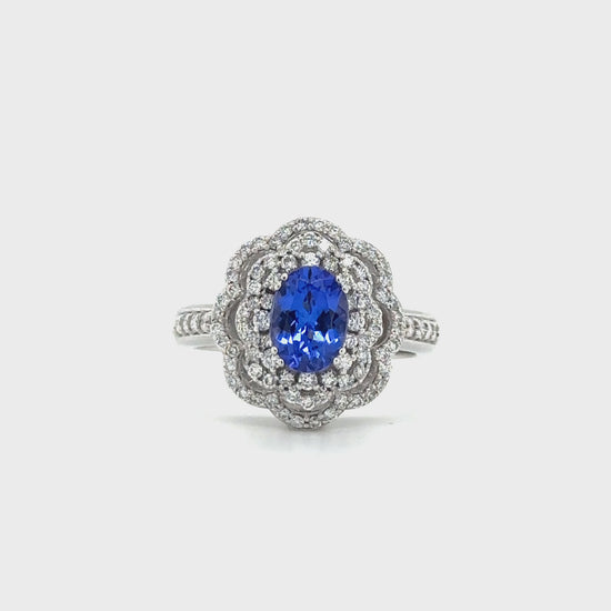 Oval Tanzanite Ring, Floral Diamond Halo Ring, Tanzanite and Diamond Jewelry, Gemstone Engagement Ring, Floral Design Ring, Halo Setting Jewelry, Oval Gemstone Ring, Tanzanite and Diamond Halo, Fine Jewelry, Luxury Ring Design