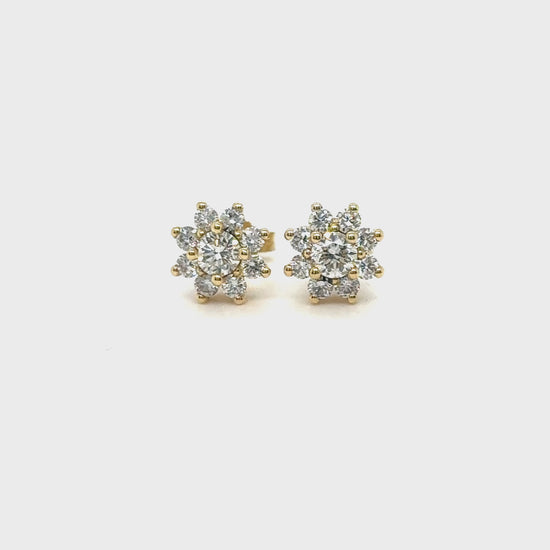 Round brilliant floral diamond stud earrings, sparkling flower-shaped diamond studs, elegant floral design diamond earrings, classic round-cut diamond studs with a floral twist, timeless floral motif diamond stud earrings, exquisite round brilliant diamonds in floral arrangement, dazzling flower-inspired diamond stud earrings, stunning floral cluster diamond studs, delicate round-cut diamonds in a floral setting, sophisticated and radiant floral diamond stud earrings