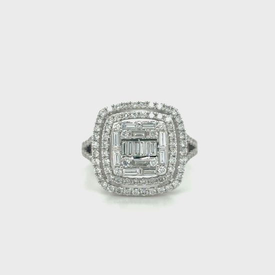 baguette and round brilliant diamond ring, illusion diamond ring, split shank engagement ring, contemporary diamond ring design, double illusion diamond setting, luxury diamond cocktail ring, elegant white gold diamond ring