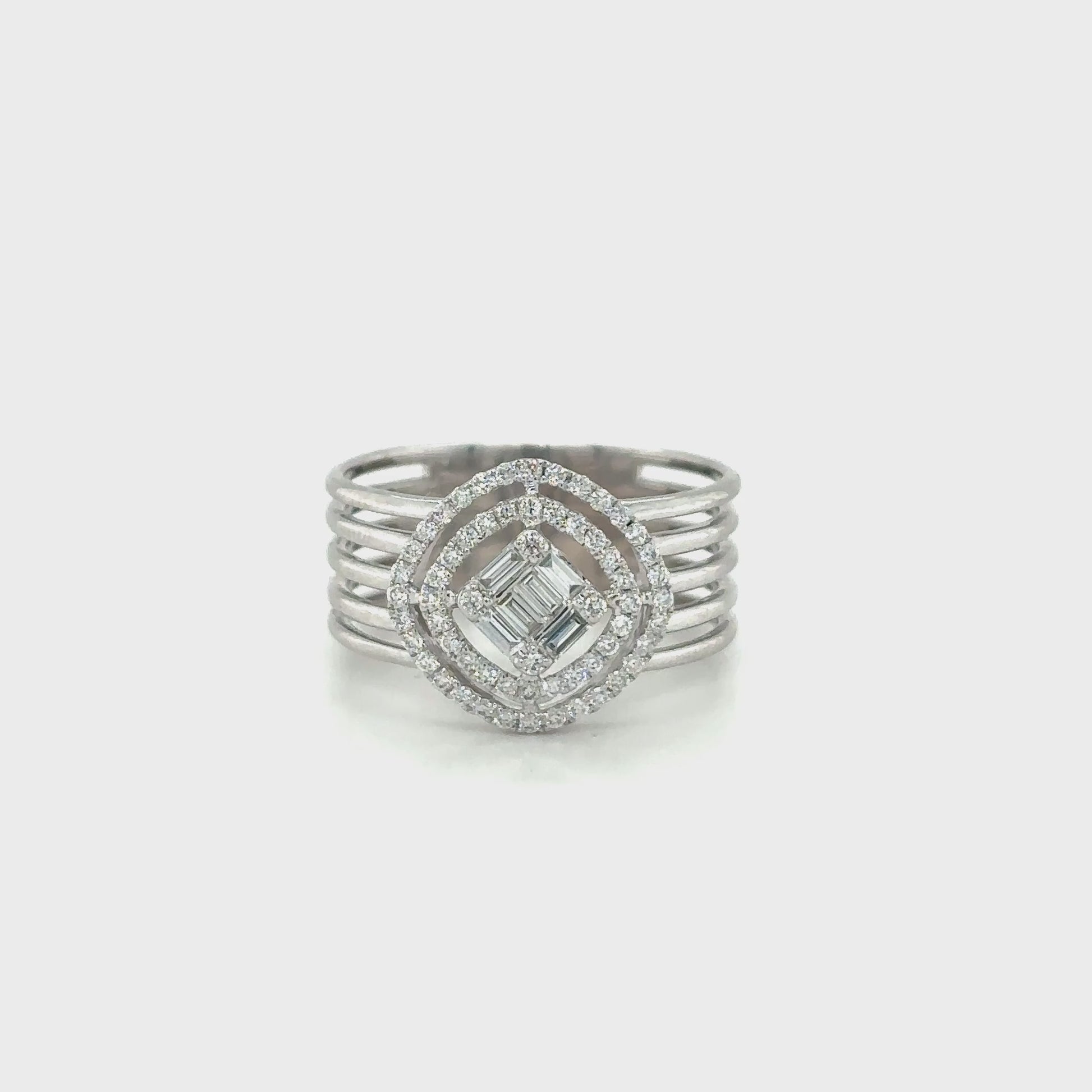 illusion diamond dress ring, baguette and round brilliant ring, double halo diamond ring, geometric diamond ring, wide band diamond ring, statement cocktail ring, multi-row diamond ring