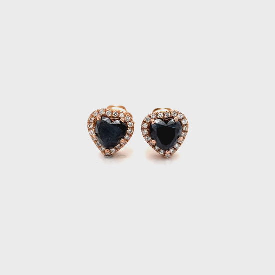 heart shaped black diamond earrings, black diamond halo studs, white diamond halo earrings, black and white diamond earrings, heart black diamond studs, luxury diamond stud earrings, black diamond earrings for women, heart shaped earrings, black diamond jewelry, white diamond accent earrings