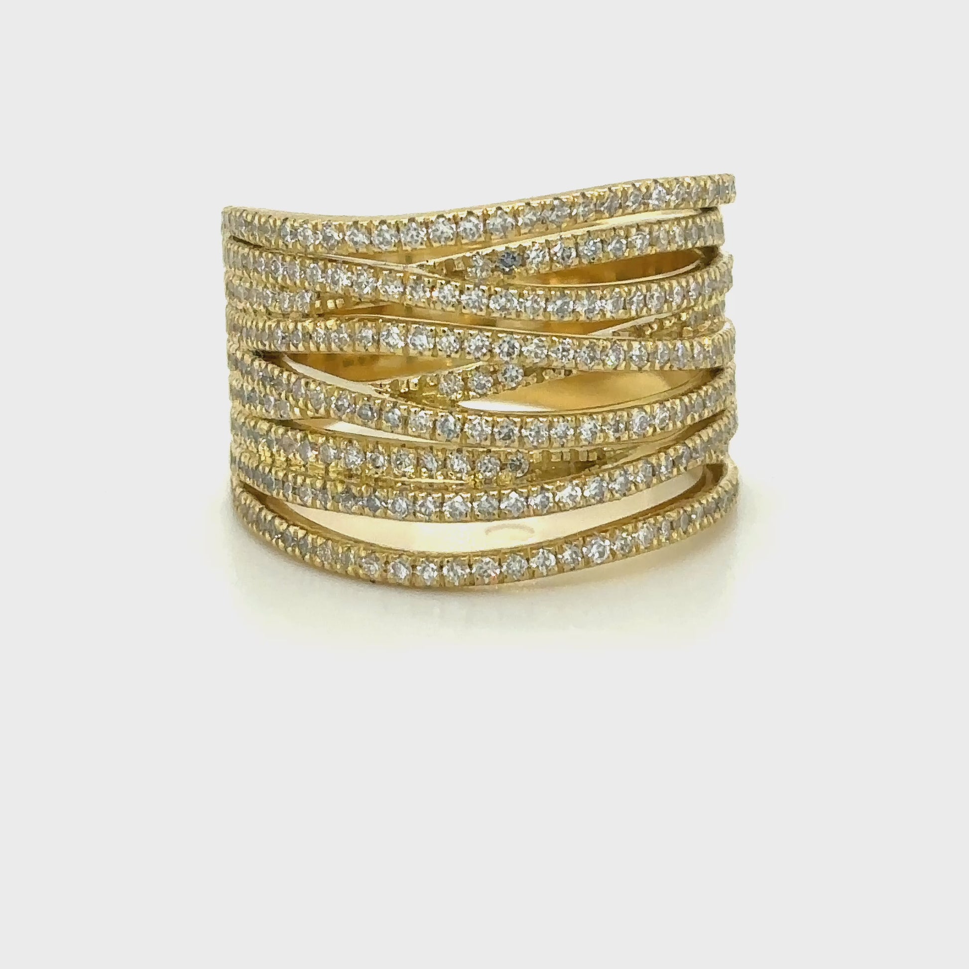 multi-band diamond ring, round brilliant diamond ring, yellow gold diamond ring, layered diamond ring, statement diamond dress ring, pavé diamond ring