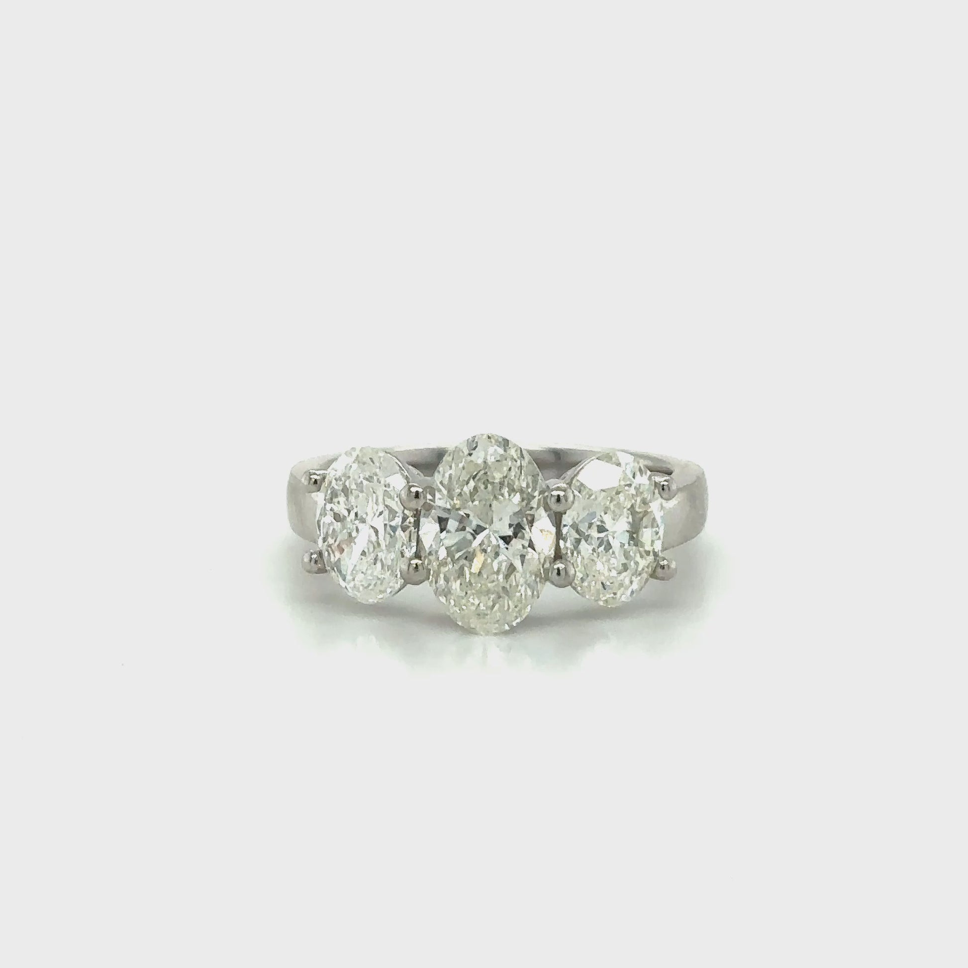 Elegant oval trilogy diamond ring featuring three oval-cut diamonds on a polished band
