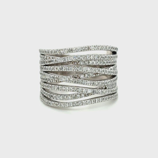 white gold diamond ring, multi-row diamond ring, round brilliant cut diamond ring, pavé diamond band ring, statement diamond jewellery, elegant women’s diamond ring