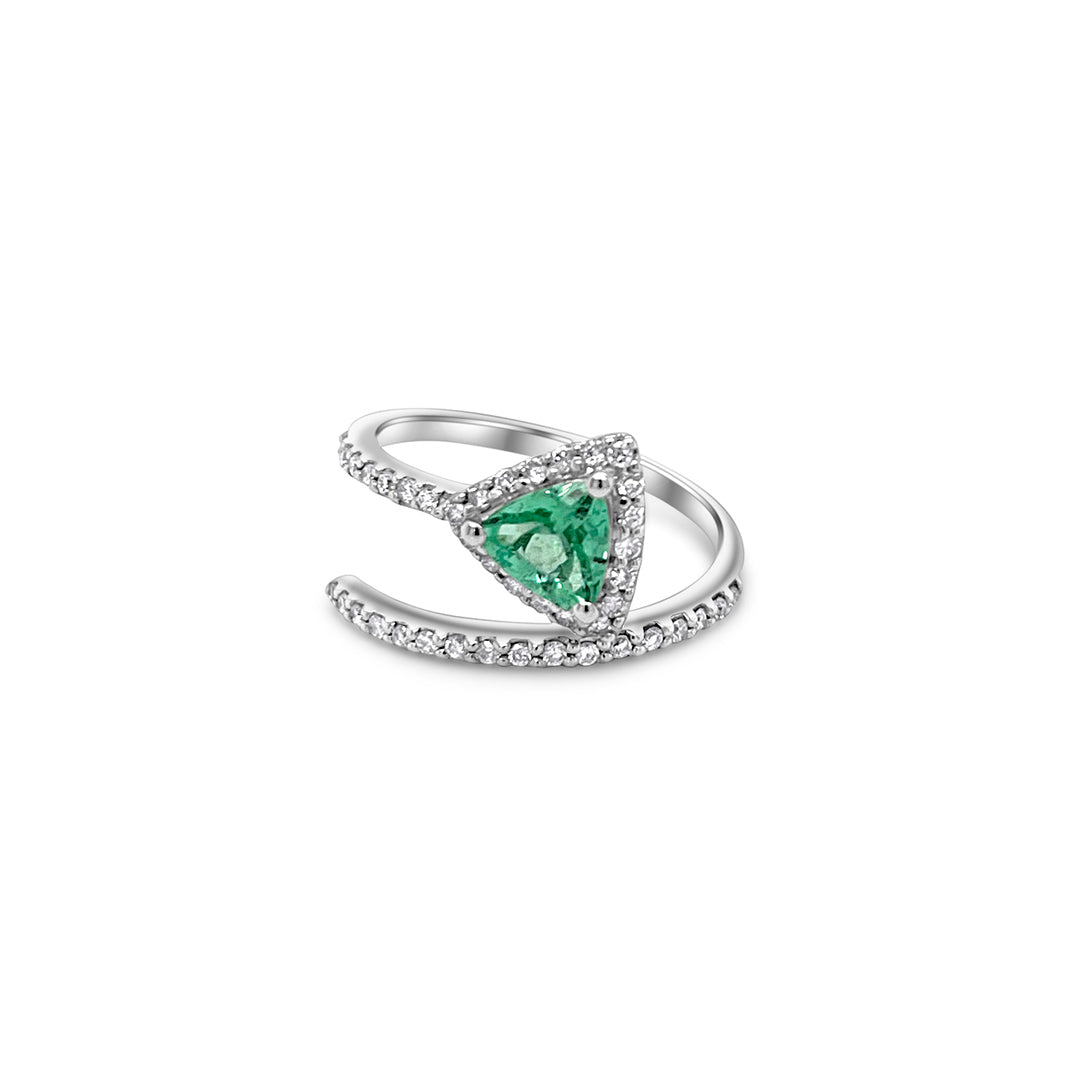 Trillion cut tourmaline ring, diamond accent ring, exquisite gemstone jewelry, luxurious trillion cut ring, vibrant tourmaline centerpiece, sparkling diamond embellishments, elegant gemstone and diamond ring, stunning trillion cut tourmaline, dazzling diamond accents, opulent tourmaline and diamond jewelry.