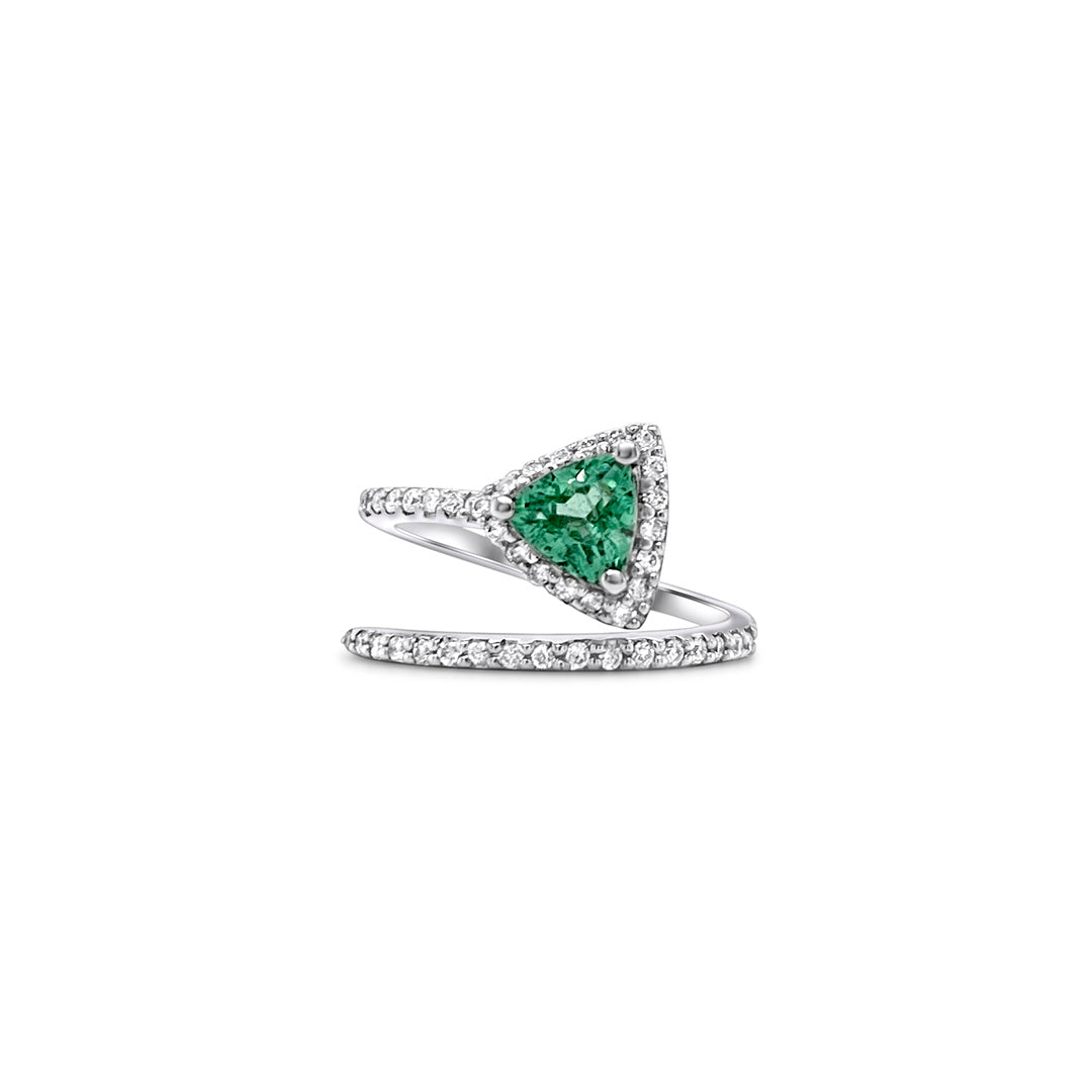 Trillion cut tourmaline ring, diamond accent ring, exquisite gemstone jewelry, luxurious trillion cut ring, vibrant tourmaline centerpiece, sparkling diamond embellishments, elegant gemstone and diamond ring, stunning trillion cut tourmaline, dazzling diamond accents, opulent tourmaline and diamond jewelry.