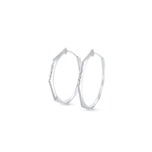 Round brilliant diamond hoop earrings, sparkling and elegant jewelry, baguette diamonds in hoops, glamorous and sophisticated earrings, fine craftsmanship in diamond hoop design.