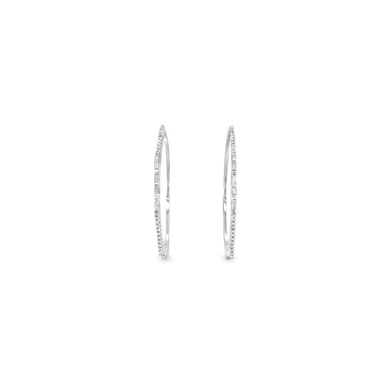 Round brilliant diamond hoop earrings, sparkling and elegant jewelry, baguette diamonds in hoops, glamorous and sophisticated earrings, fine craftsmanship in diamond hoop design.