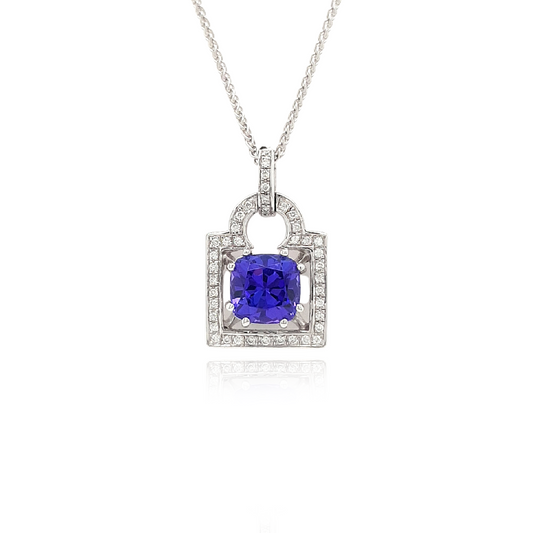 Cushion Cut Tanzanite & Diamond Pendant, Elegant Gemstone Jewelry, Sterling Silver Necklace, Sparkling Diamond Accents, Lavender Blue Gemstone, Statement Pendant, Gemstone and Diamond Combination, Precious Gemstone Necklace, Fine Jewelry Piece, Luxury Necklace Design, Unique Cushion Cut Pendant, Exquisite Tanzanite Pendant