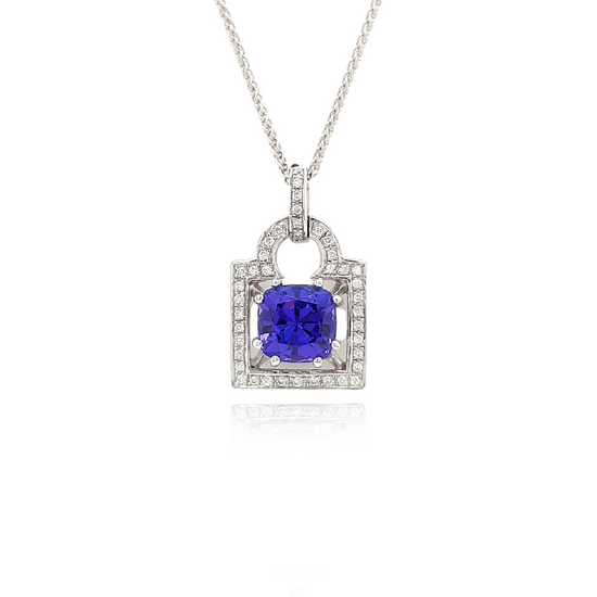 Cushion Cut Tanzanite & Diamond Pendant, Elegant Gemstone Jewelry, Sterling Silver Necklace, Sparkling Diamond Accents, Lavender Blue Gemstone, Statement Pendant, Gemstone and Diamond Combination, Precious Gemstone Necklace, Fine Jewelry Piece, Luxury Necklace Design, Unique Cushion Cut Pendant, Exquisite Tanzanite Pendant