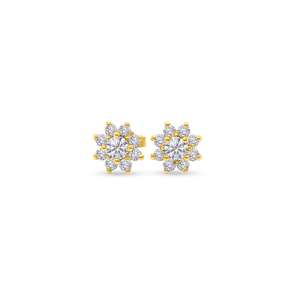 Round brilliant floral diamond stud earrings, sparkling flower-shaped diamond studs, elegant floral design diamond earrings, classic round-cut diamond studs with a floral twist, timeless floral motif diamond stud earrings, exquisite round brilliant diamonds in floral arrangement, dazzling flower-inspired diamond stud earrings, stunning floral cluster diamond studs, delicate round-cut diamonds in a floral setting, sophisticated and radiant floral diamond stud earrings