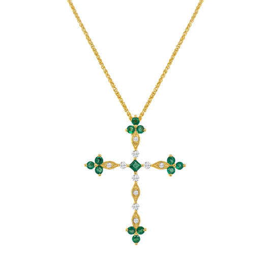 Round Cut Emerald & Diamond Cross Shaped Pendant