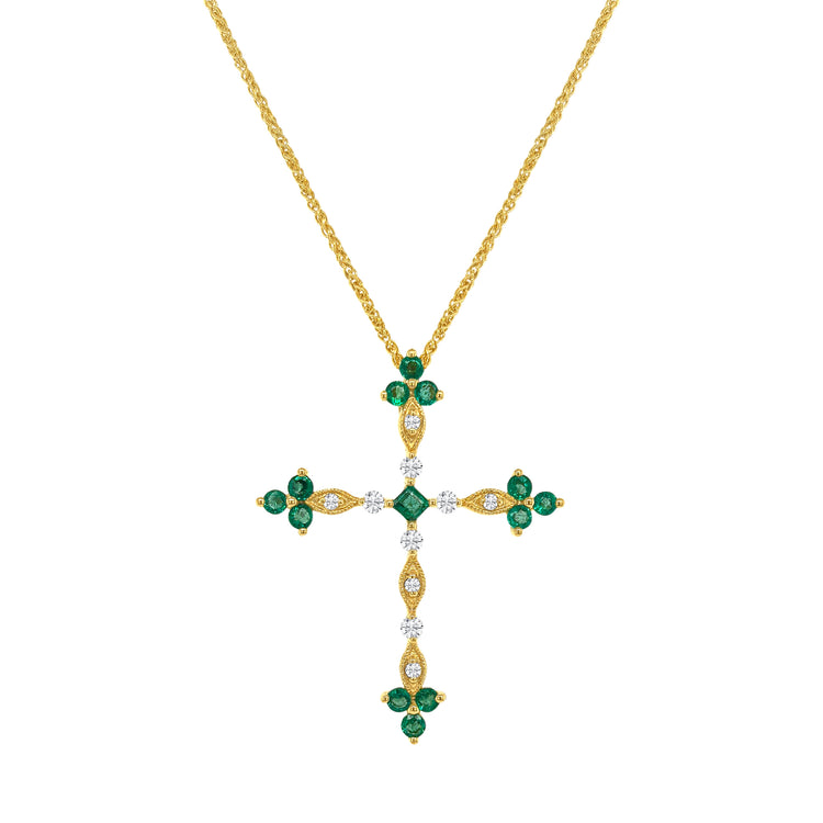 Round Cut Emerald & Diamond Cross Shaped Pendant