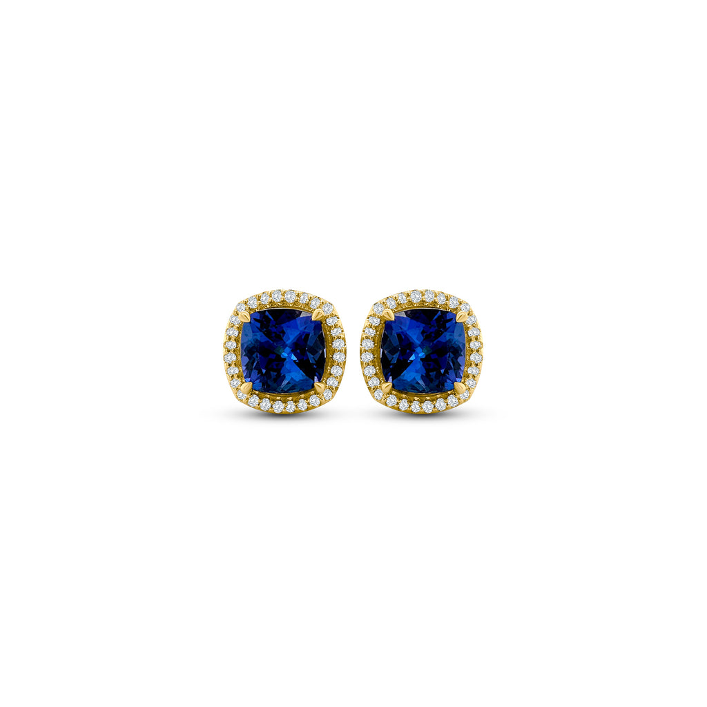 Tanzanite earrings, Diamond halo studs, Gemstone jewelry, Fine jewelry, Halo design, Precious stone earrings, Elegant studs, Blue gemstone earrings, Luxury accessories, Sparkling studs