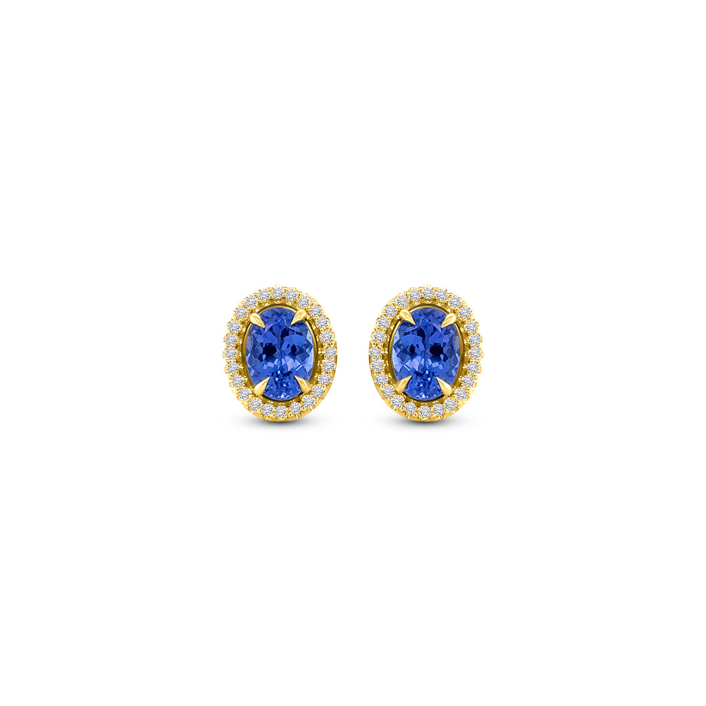 Oval Tanzanite & Diamond Halo Stud Earrings, Tanzanite stud earrings, Diamond halo earrings, Oval gemstone earrings, Halo stud earrings, Tanzanite and diamond jewelry, Gemstone stud earrings, Oval cut earrings, Diamond accent earrings, Elegant stud earrings.