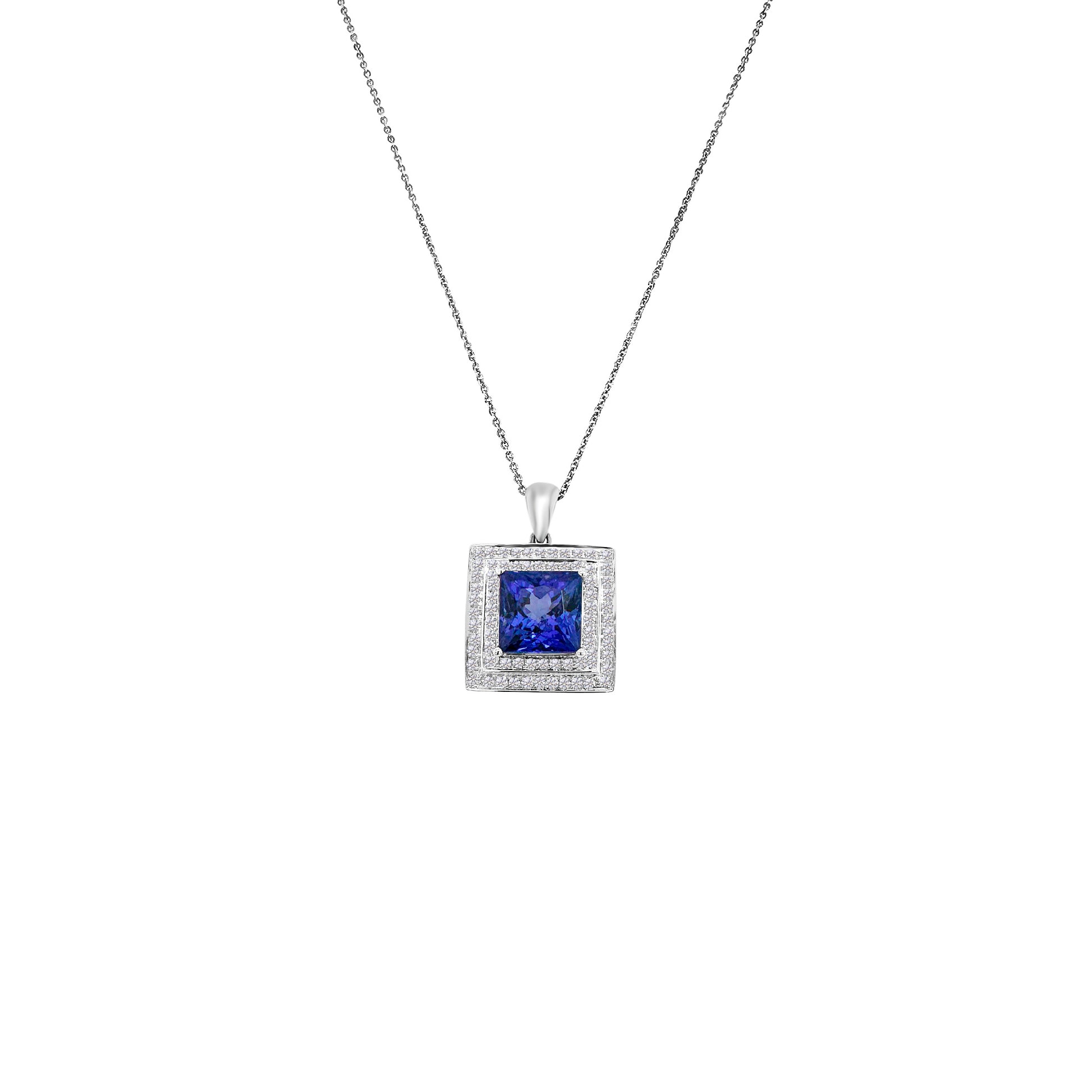  Cushion cut tanzanite and diamond pendant, luxurious tanzanite pendant, elegant diamond pendant, cushion cut gemstone necklace, diamond accent necklace, fine jewelry pendant, statement necklace, gemstone pendant, sophisticated accessory.