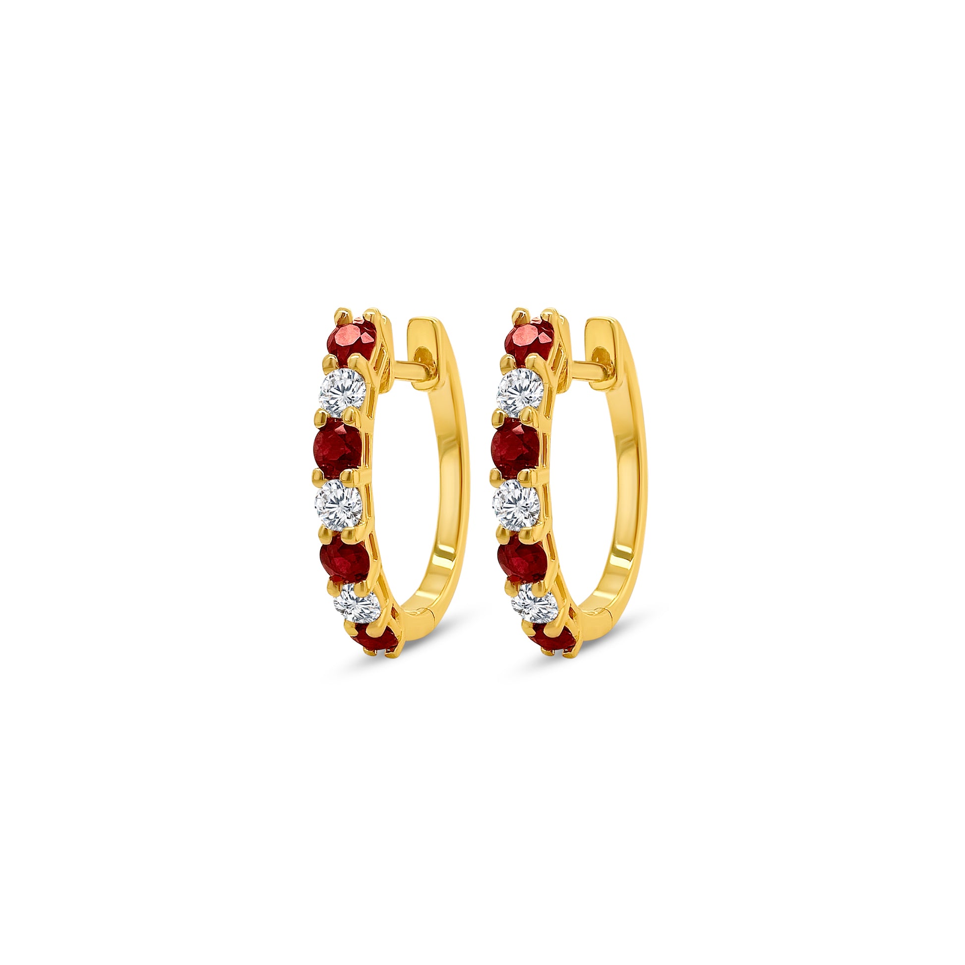 "Round Ruby Earrings, Diamond Huggy Earrings, Red Gemstone Jewelry, Sparkling Diamond Accents, Elegant Earrings, Fashion Accessories, Luxury Jewelry, Fine Jewelry, Glamorous Earrings, Statement Earrings, Precious Gemstone Earrings, Stylish Accessories, High-Quality Jewelry, Classy Earrings, Stunning Ruby and Diamond Earrings"
