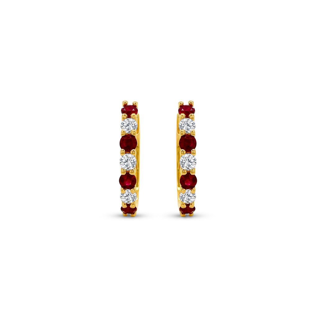 "Round Ruby Earrings, Diamond Huggy Earrings, Red Gemstone Jewelry, Sparkling Diamond Accents, Elegant Earrings, Fashion Accessories, Luxury Jewelry, Fine Jewelry, Glamorous Earrings, Statement Earrings, Precious Gemstone Earrings, Stylish Accessories, High-Quality Jewelry, Classy Earrings, Stunning Ruby and Diamond Earrings"
