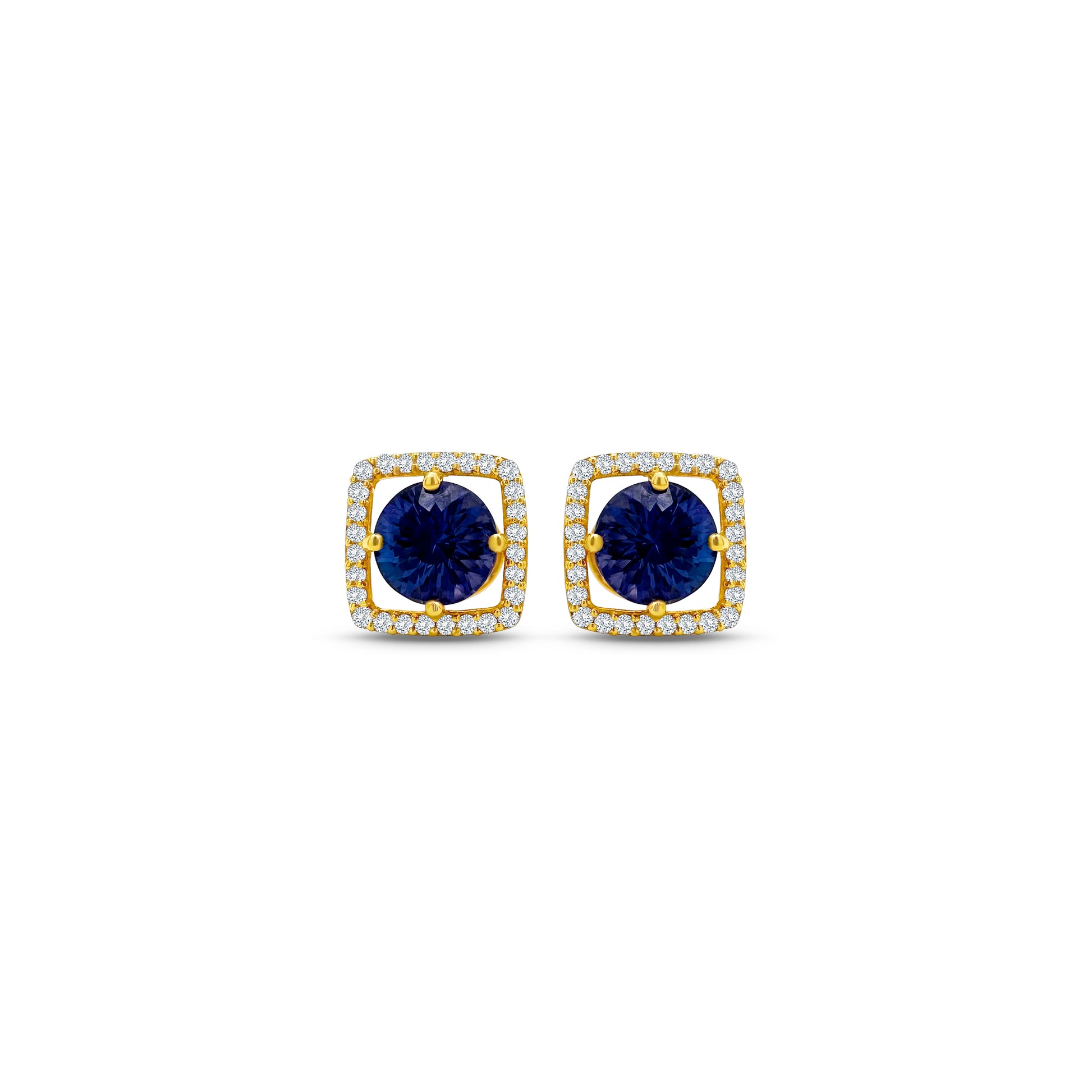 Round Tanzanite & Diamond Halo Stud Earrings" Tanzanite Detail: "Vibrant Round Tanzanite Gemstone" Diamond Halo: "Halo of Diamonds Surrounding Tanzanite" Earring Set: "Elegant Set of Tanzanite & Diamond Stud Earrings" Liner Options: "Earrings with Different Open Liners for Customization" Radiant Beauty: "Sparkling Tanzanite & Diamond Halo Stud Earrings"