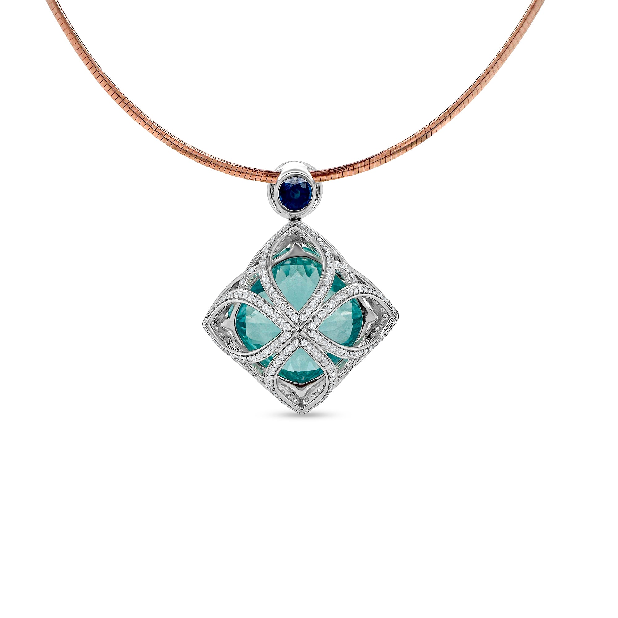 "Aquamarine, Sapphire, Tsavorite & Diamond Pendant" Gemstone Detail: "Exquisite Aquamarine, Sapphire, and Tsavorite Gemstones" Diamond Accents: "Diamonds Accentuating Multicolor Gemstone Pendant" Pendant Profile: "Profile View of Aquamarine, Sapphire, and Tsavorite Pendant" Customization Options: "Pendant with Different Open Liner Choices" Stylish Presentation: "Elegantly Designed Gemstone and Diamond Pendant"