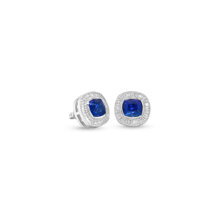Cushion Tanzanite & Baguette Diamond Halo Stud Earrings