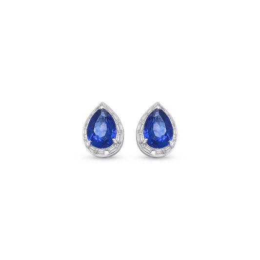 Pear Shape Tanzanite & Baguette Diamond Halo Stud Earrings