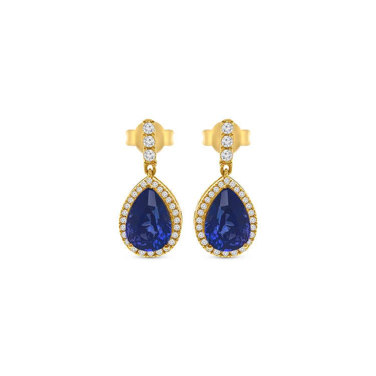 Pear Shape Tanzanite & Round Brilliant Diamond Halo Dangle Earrings
